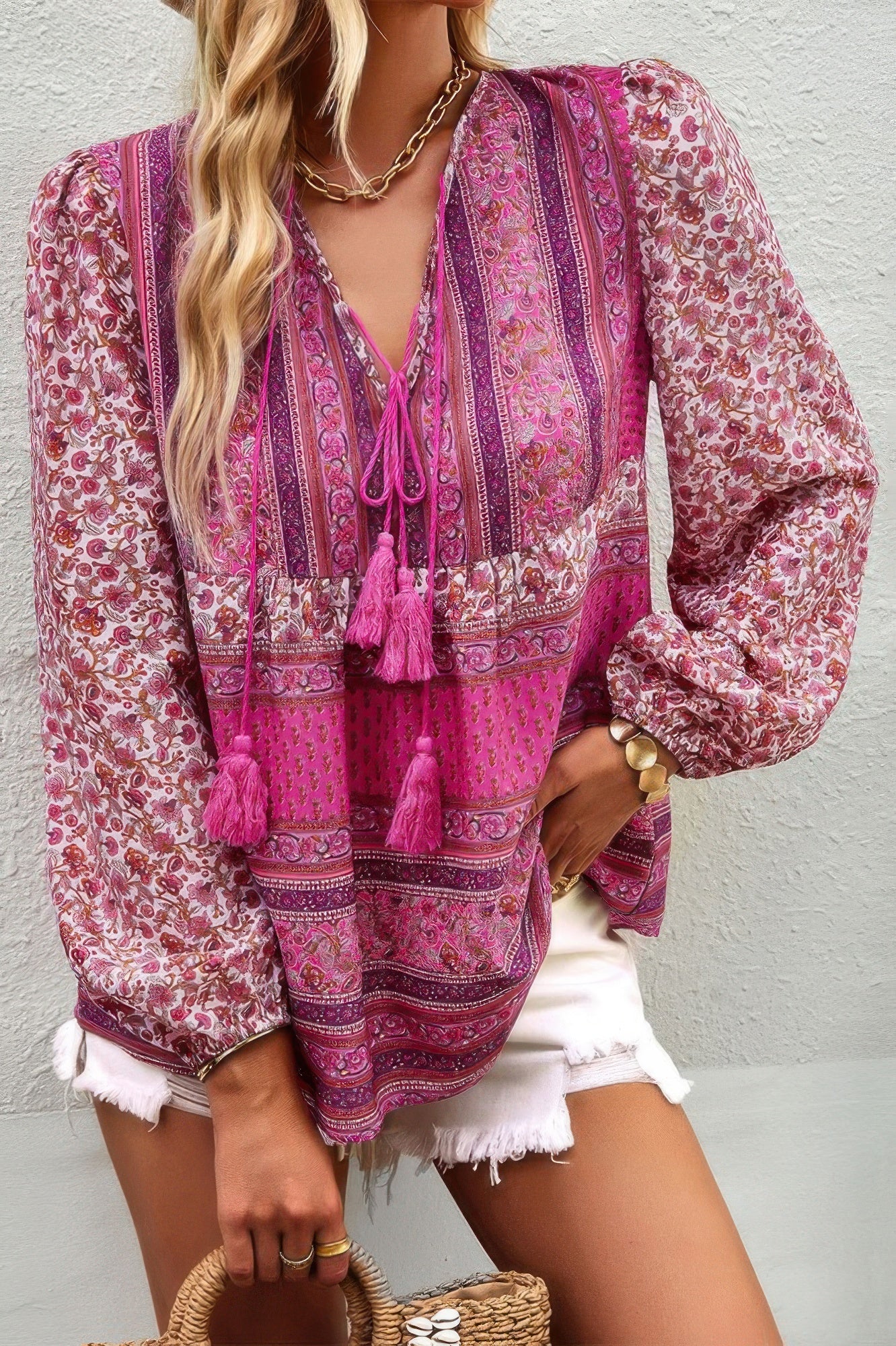 Tie Neck Boho Floral Tunics Long Sleeve Shirt - All Season Fashion