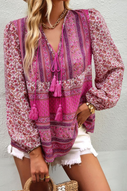 Tie Neck Boho Floral Tunics Long Sleeve Shirt - All Season Fashion
