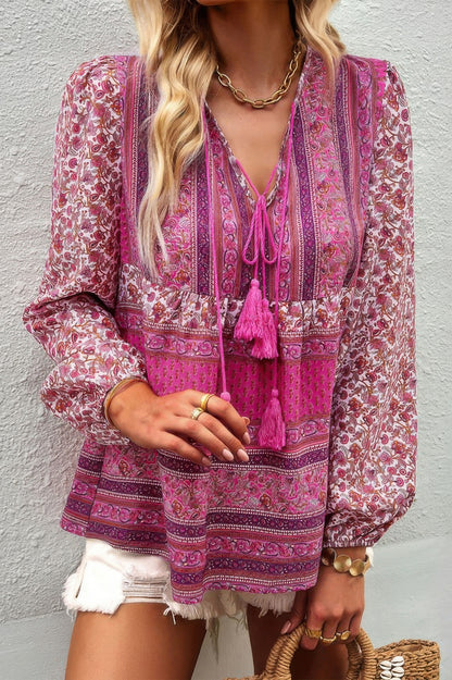 Tie Neck Boho Floral Tunics Long Sleeve Shirt - All Season Fashion