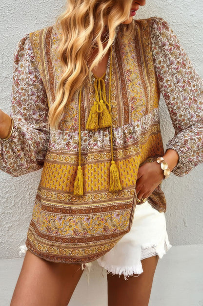 Tie Neck Boho Floral Tunics Long Sleeve Shirt - All Season Fashion