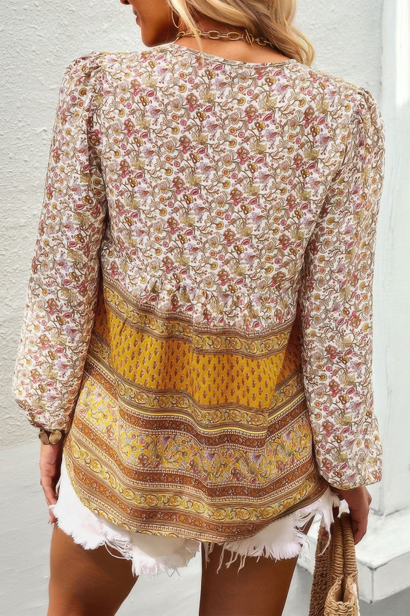 Tie Neck Boho Floral Tunics Long Sleeve Shirt - All Season Fashion