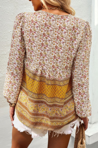 Tie Neck Boho Floral Tunics Long Sleeve Shirt - All Season Fashion