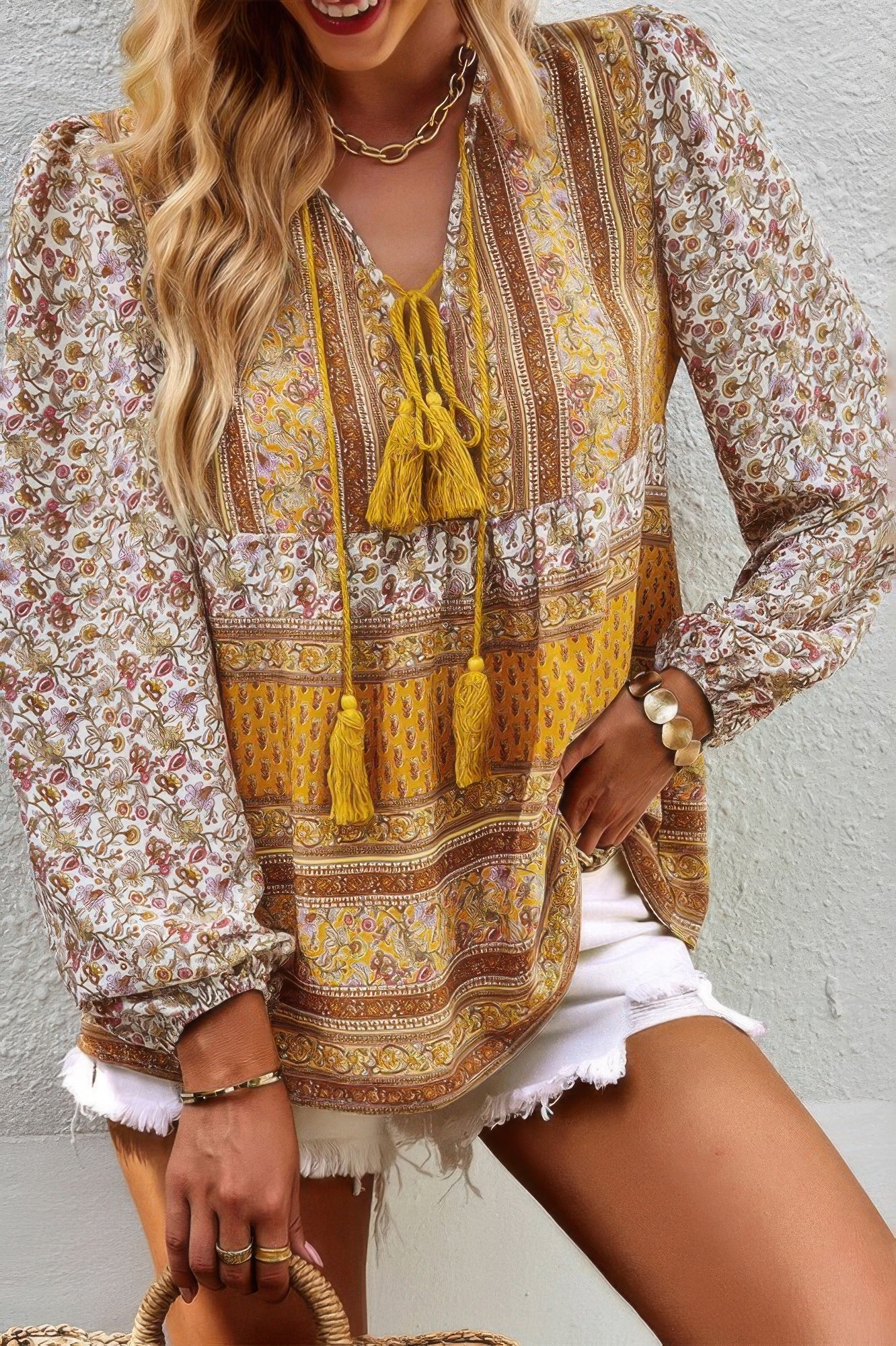 Tie Neck Boho Floral Tunics Long Sleeve Shirt - All Season Fashion