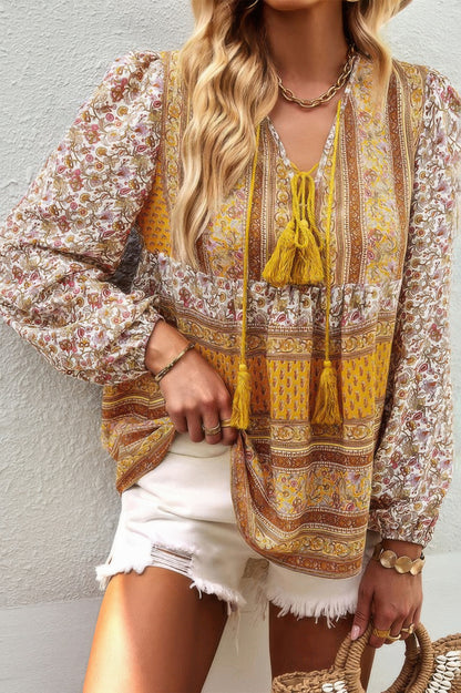 Tie Neck Boho Floral Tunics Long Sleeve Shirt - All Season Fashion