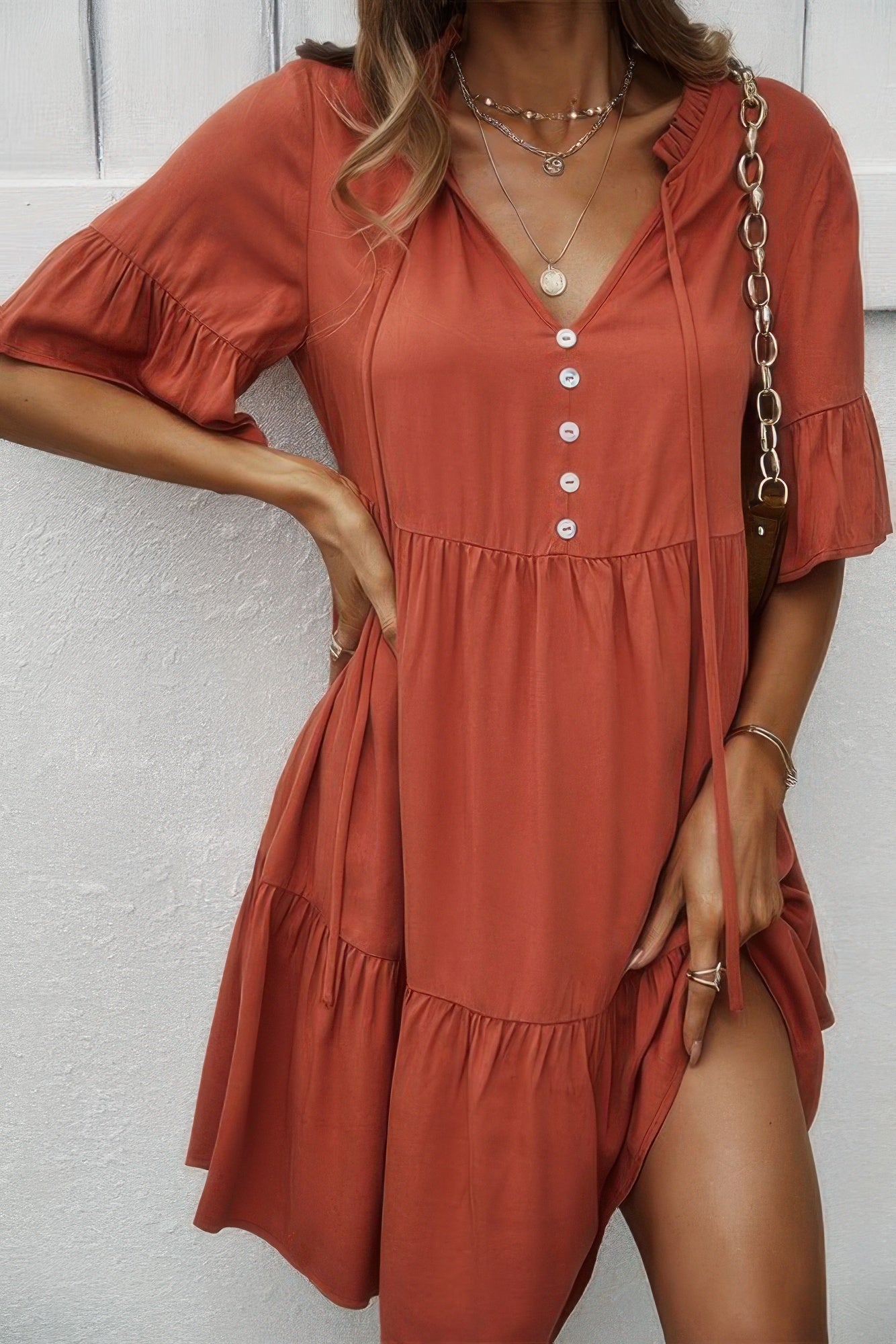 V Neck Flounce Sleeve Ruffle Hem Tie Neck Dress - All Season Fashion