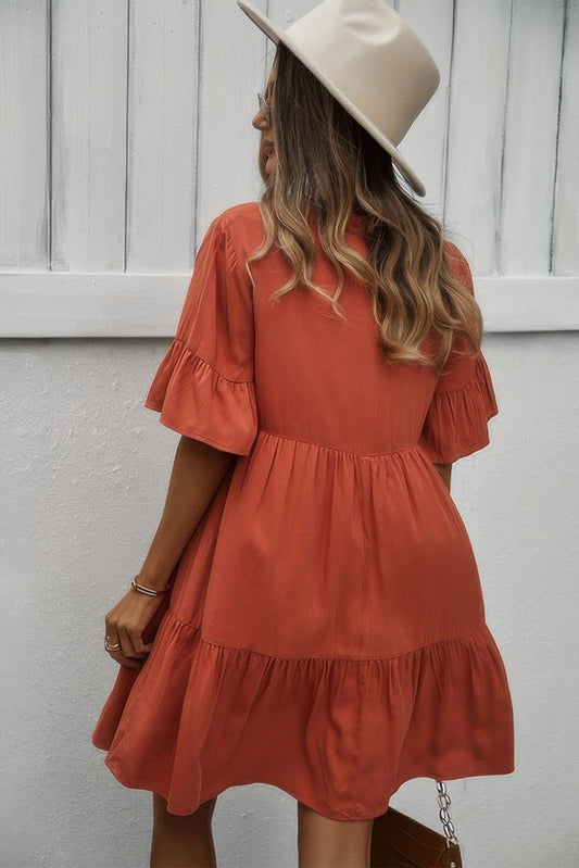 V Neck Flounce Sleeve Ruffle Hem Tie Neck Dress - All Season Fashion
