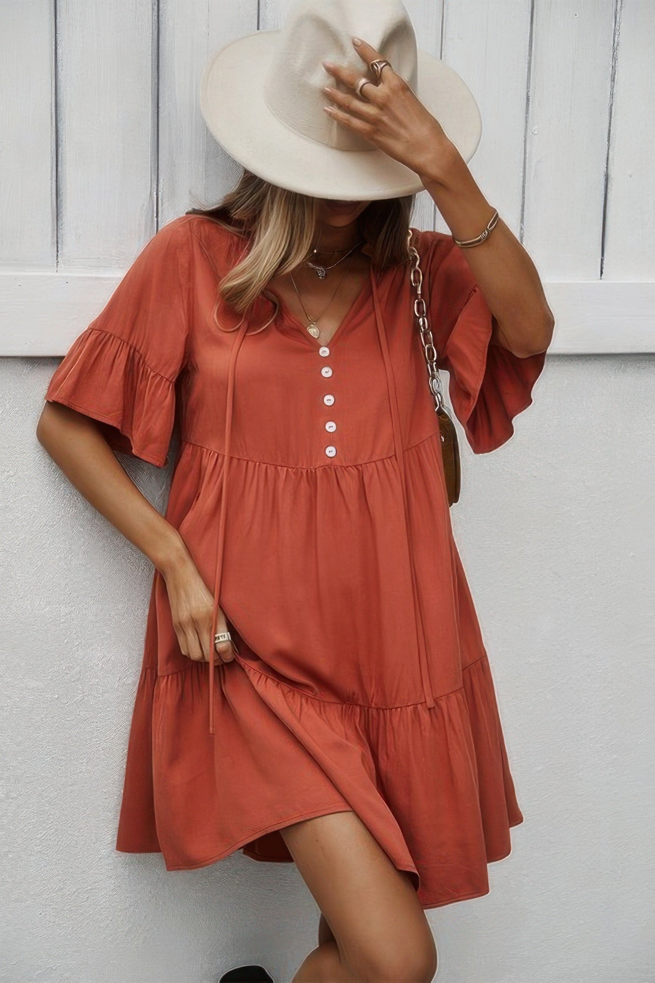 V Neck Flounce Sleeve Ruffle Hem Tie Neck Dress - All Season Fashion