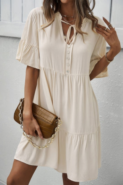 V Neck Flounce Sleeve Ruffle Hem Tie Neck Dress - All Season Fashion