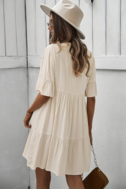 V Neck Flounce Sleeve Ruffle Hem Tie Neck Dress - All Season Fashion