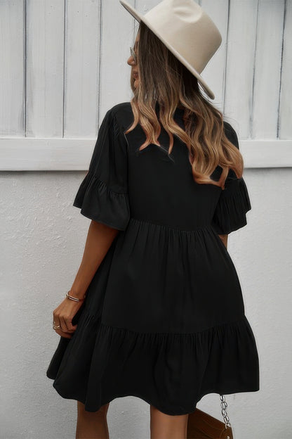V Neck Flounce Sleeve Ruffle Hem Tie Neck Dress - All Season Fashion