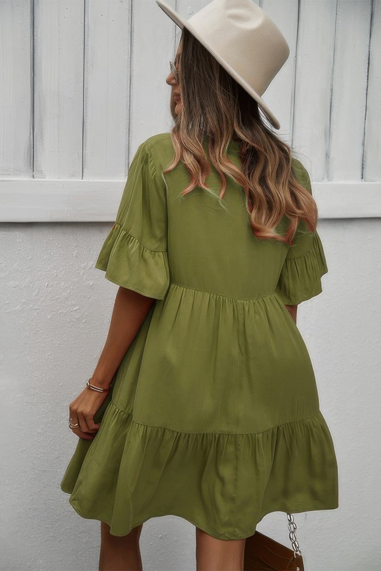 V Neck Flounce Sleeve Ruffle Hem Tie Neck Dress - All Season Fashion