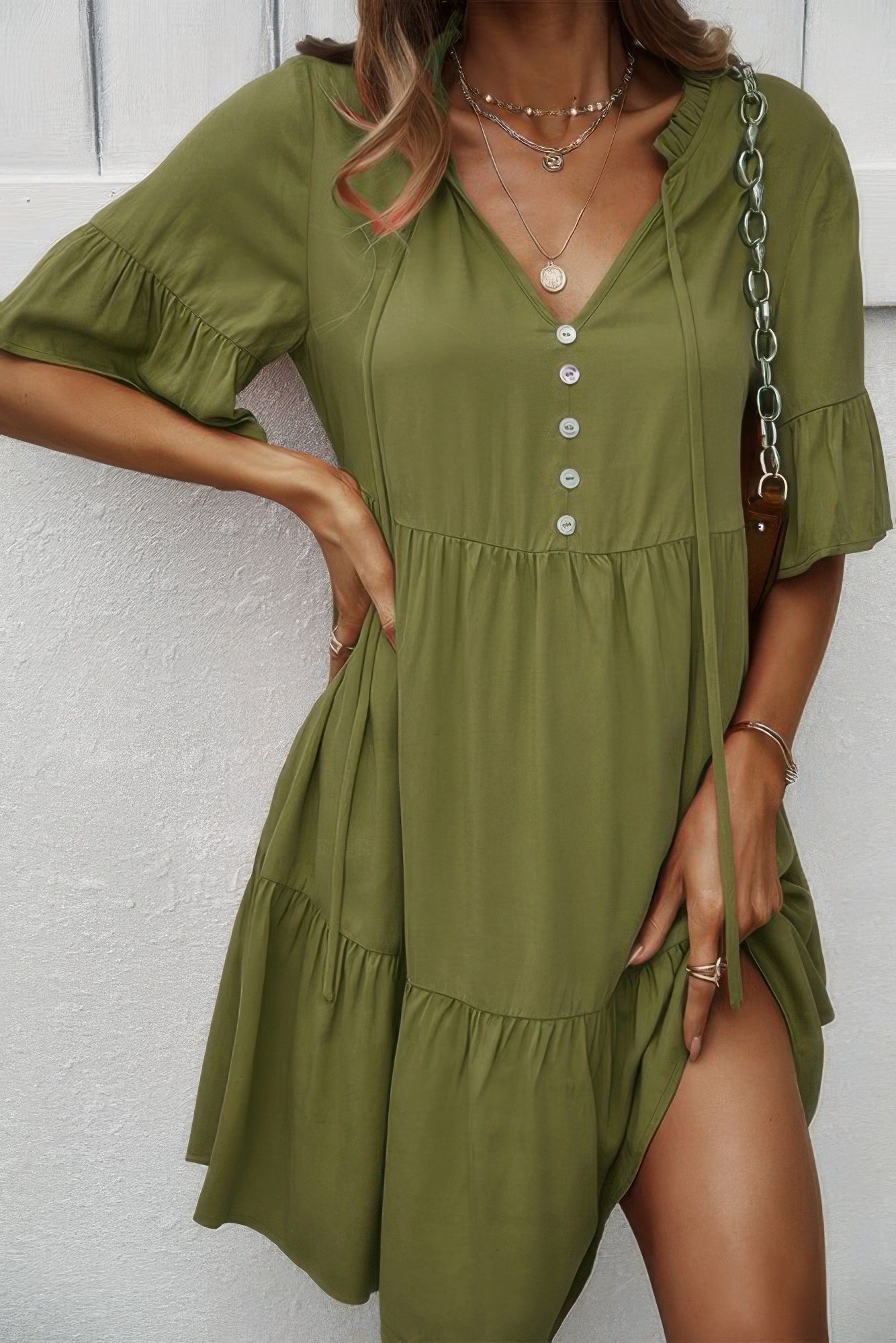 V Neck Flounce Sleeve Ruffle Hem Tie Neck Dress - All Season Fashion