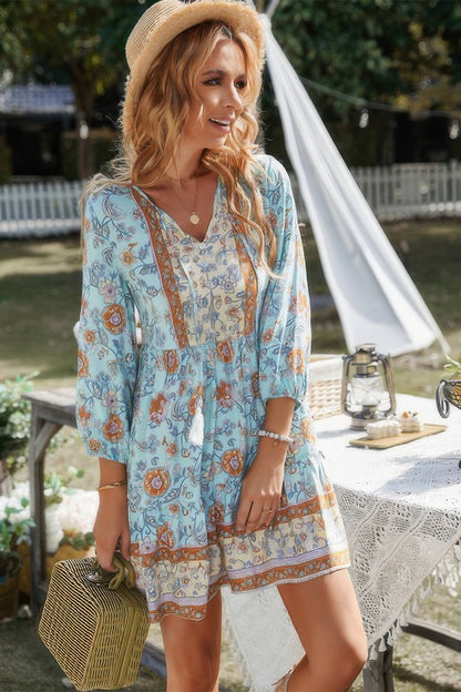 Floral Printed Button Down V Neck Long Sleeve Dress - All Season Fashion