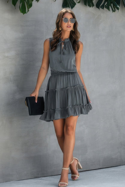 Sleeveless Tie Neck Frill Trim Tiered Layer Dress - All Season Fashion