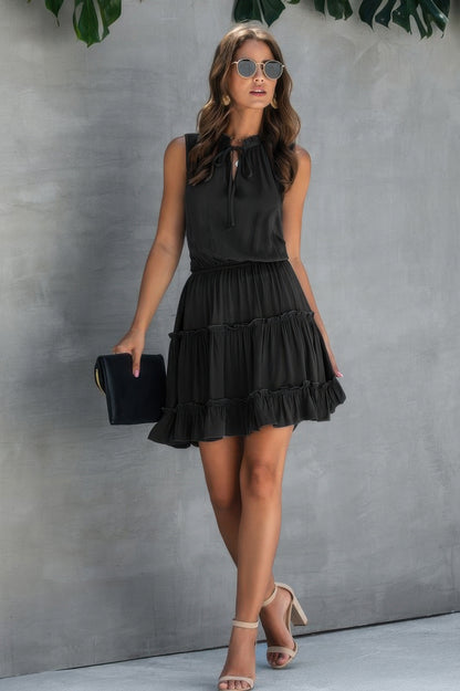 Sleeveless Tie Neck Frill Trim Tiered Layer Dress - All Season Fashion