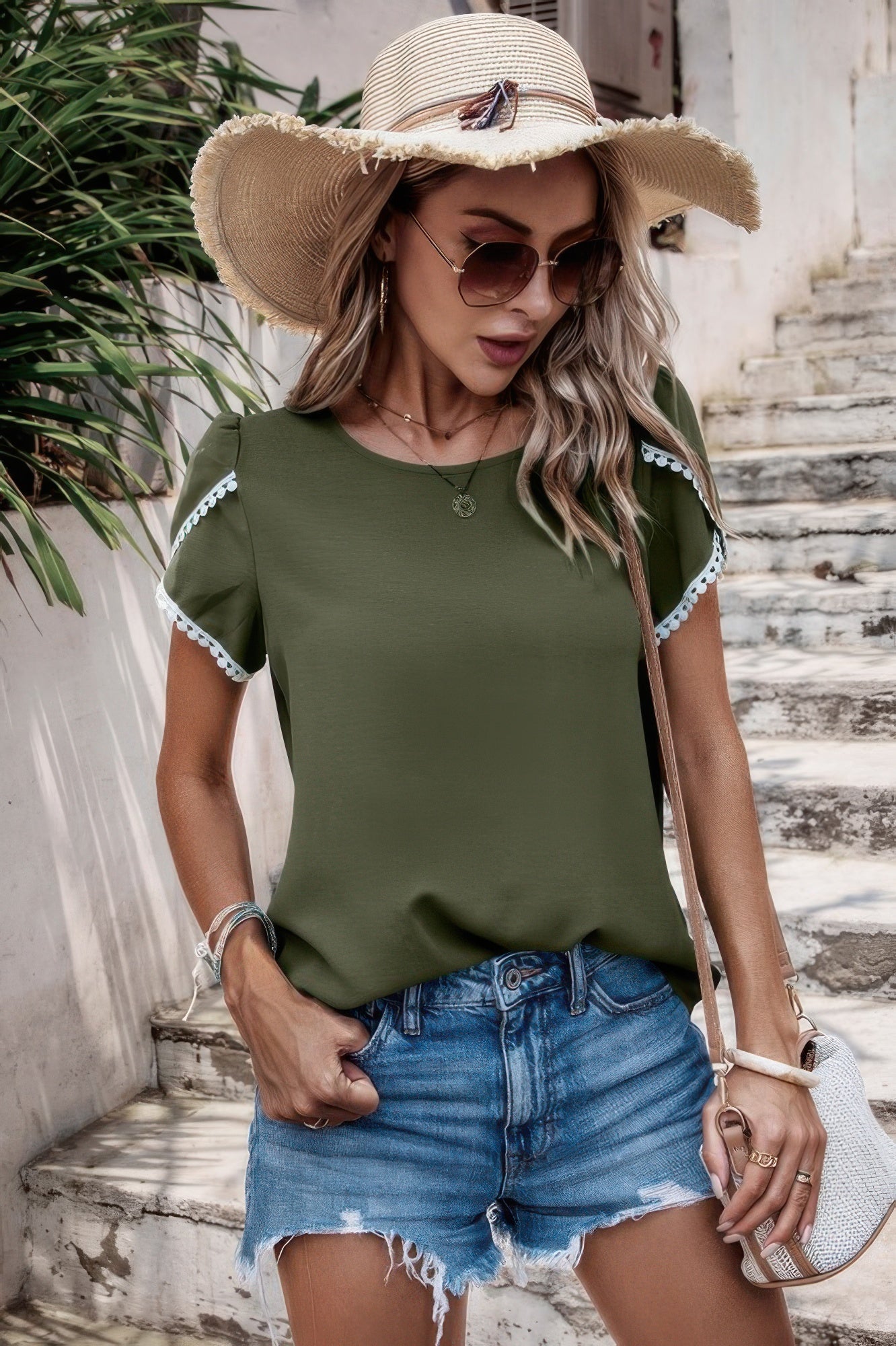 Color Block Trim Flutter Sleeve Round Neck Top - All Season Fashion