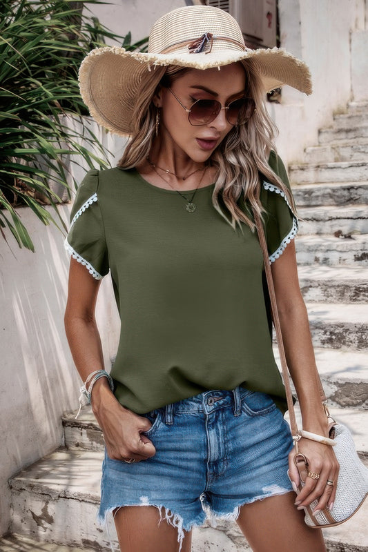 Color Block Trim Flutter Sleeve Round Neck Top - All Season Fashion