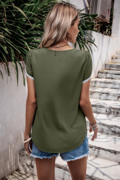 Color Block Trim Flutter Sleeve Round Neck Top - All Season Fashion