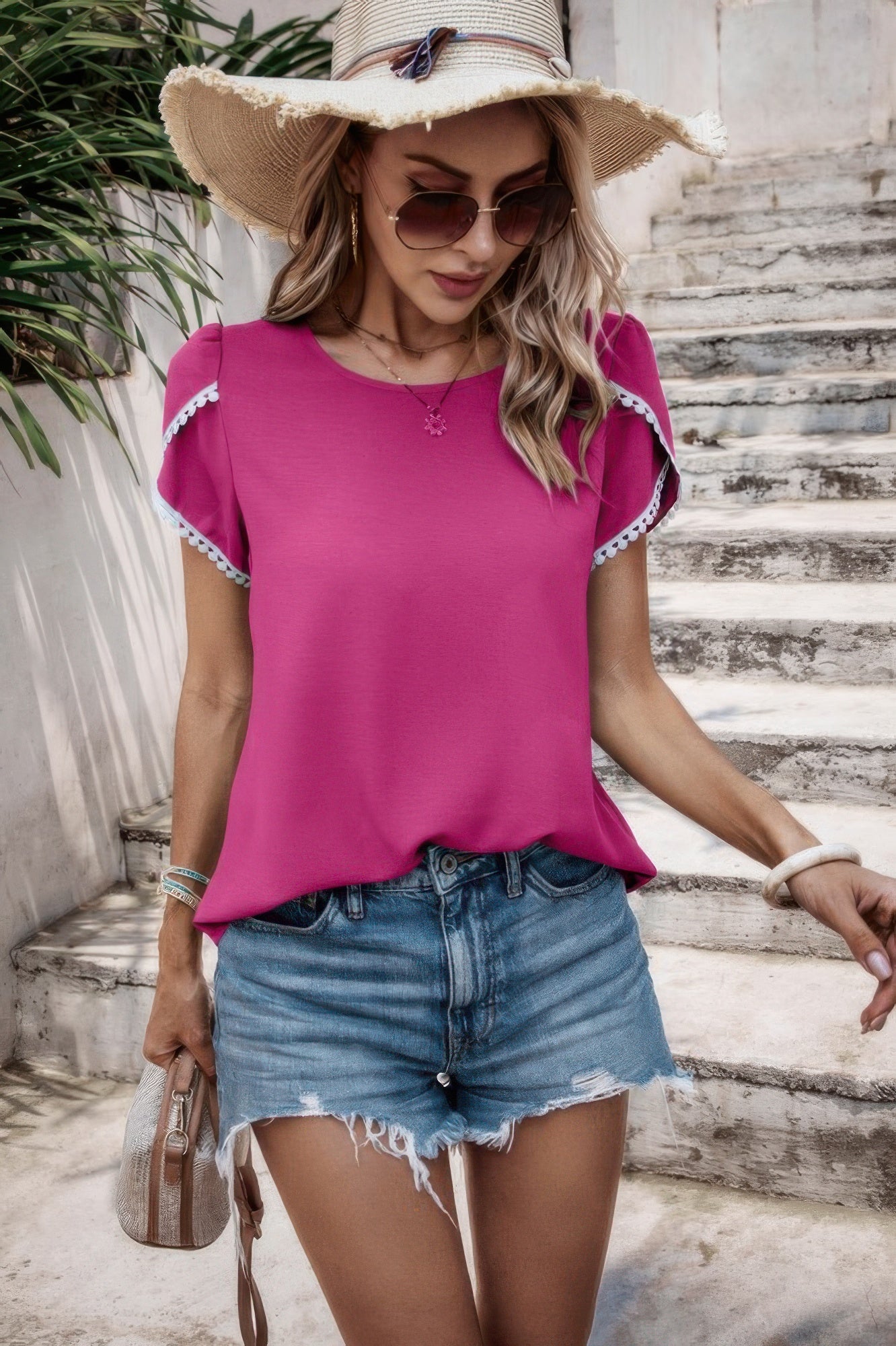 Color Block Trim Flutter Sleeve Round Neck Top - All Season Fashion