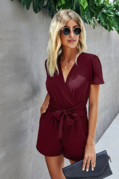 Stretch Belted Plunge Neck Wrap Knot Side Romper - All Season Fashion