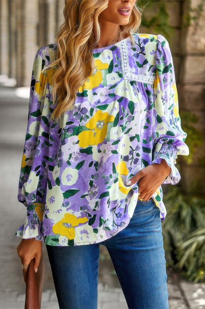 Floral Contrast Lace Trim Split Top - All Season Fashion