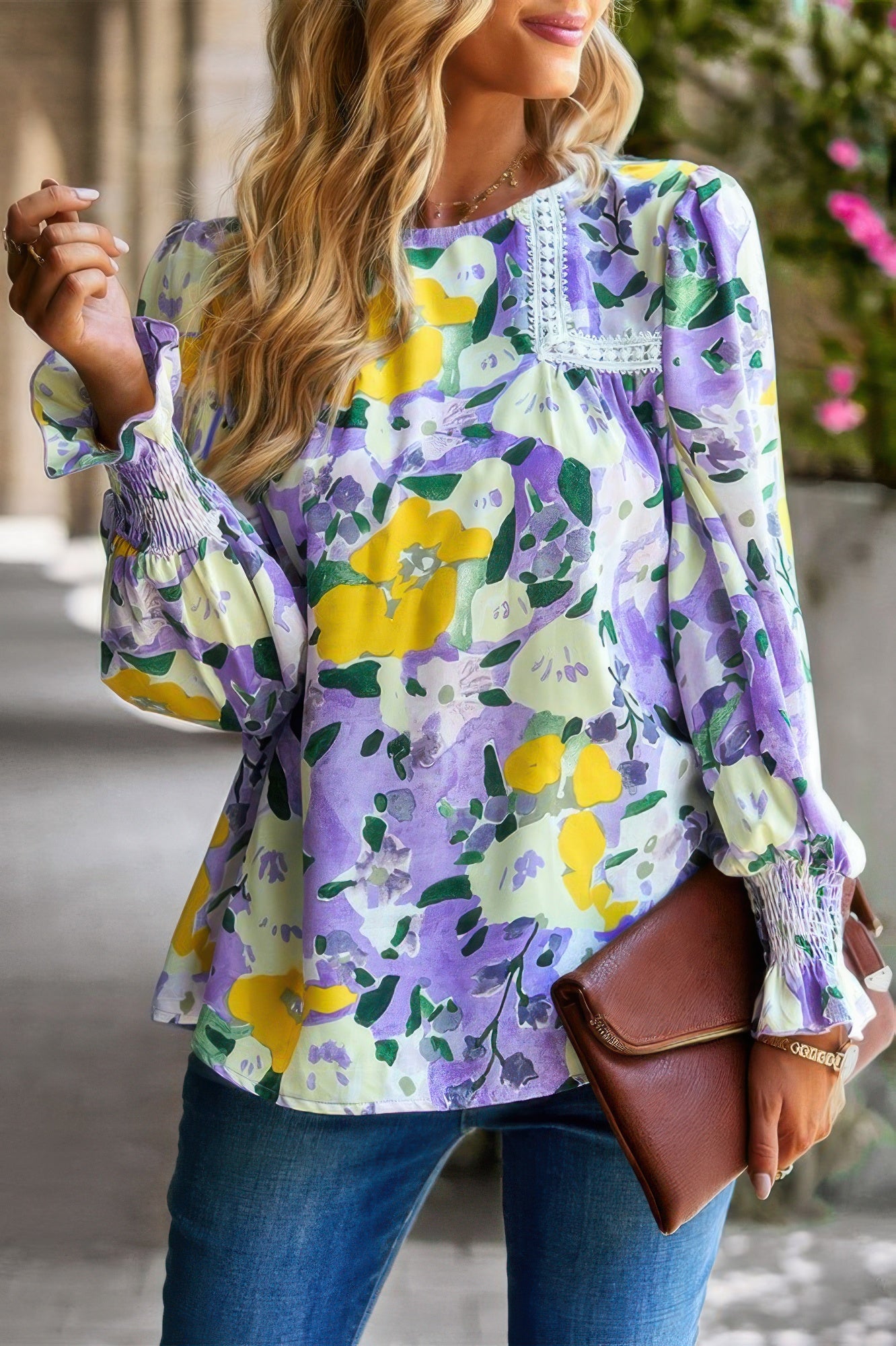 Floral Contrast Lace Trim Split Top - All Season Fashion