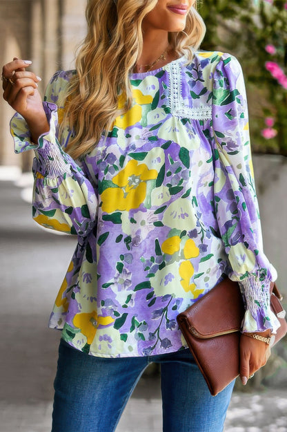 Floral Contrast Lace Trim Split Top - All Season Fashion