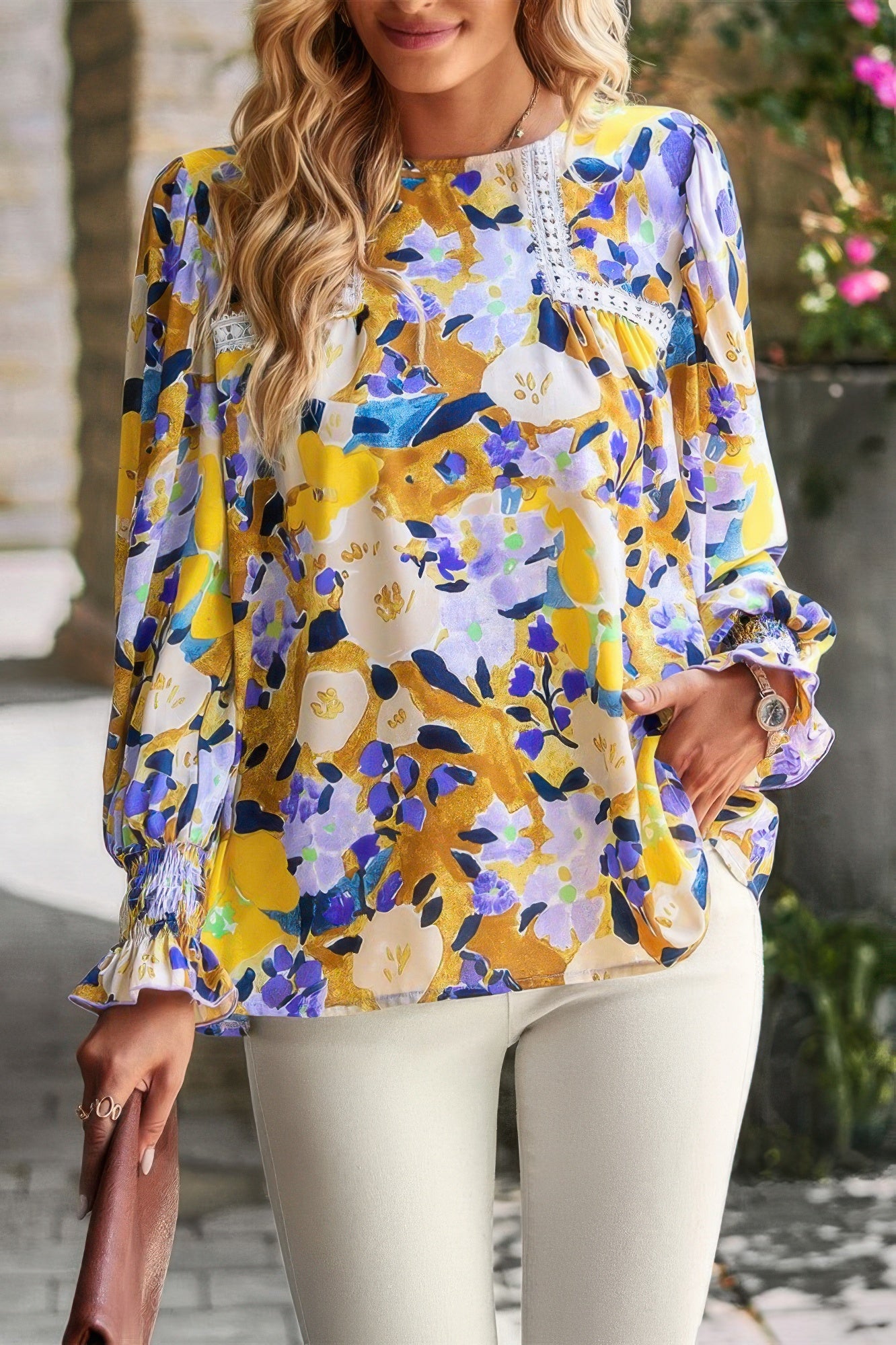 Floral Contrast Lace Trim Split Top - All Season Fashion