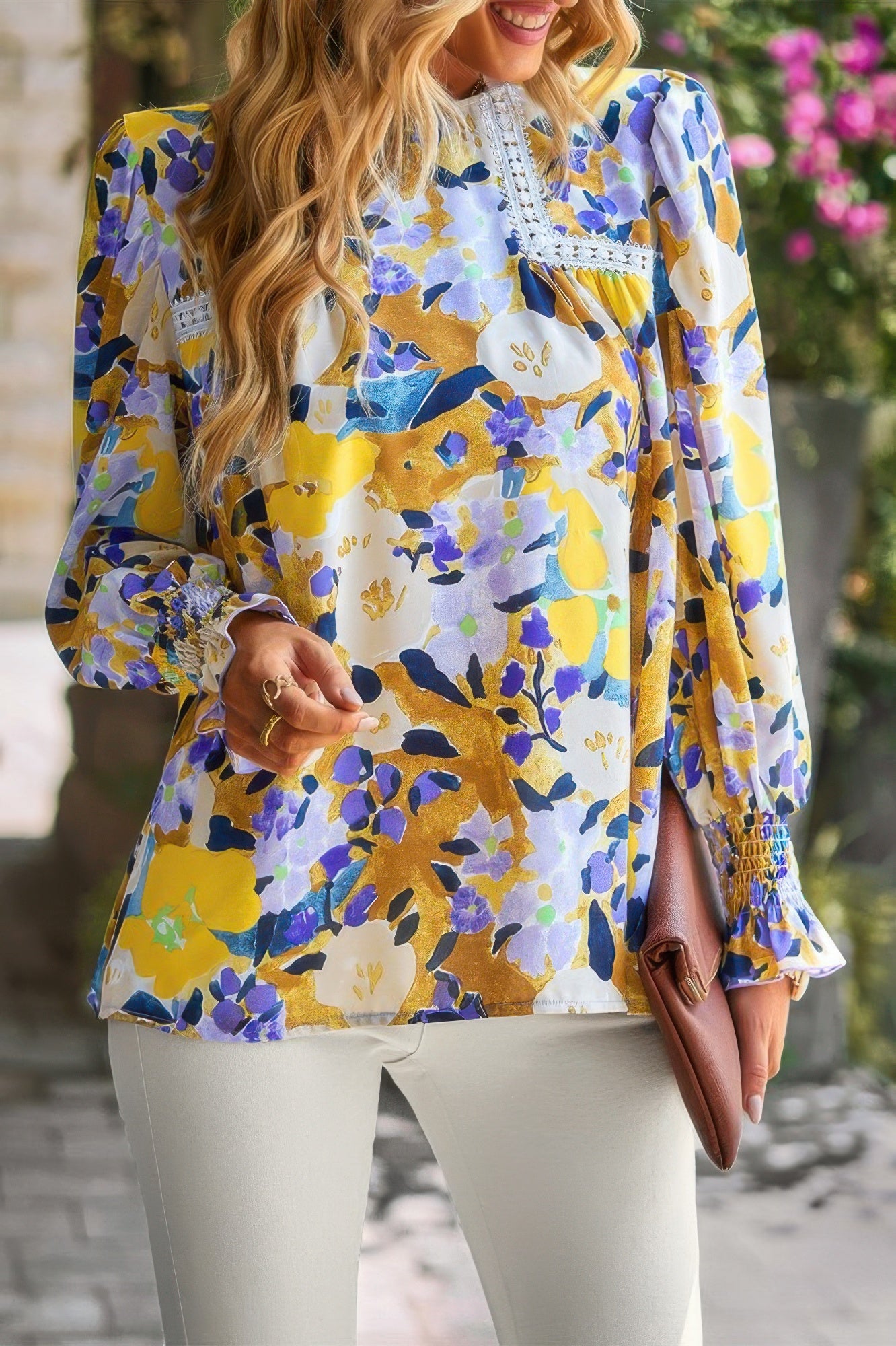 Floral Contrast Lace Trim Split Top - All Season Fashion