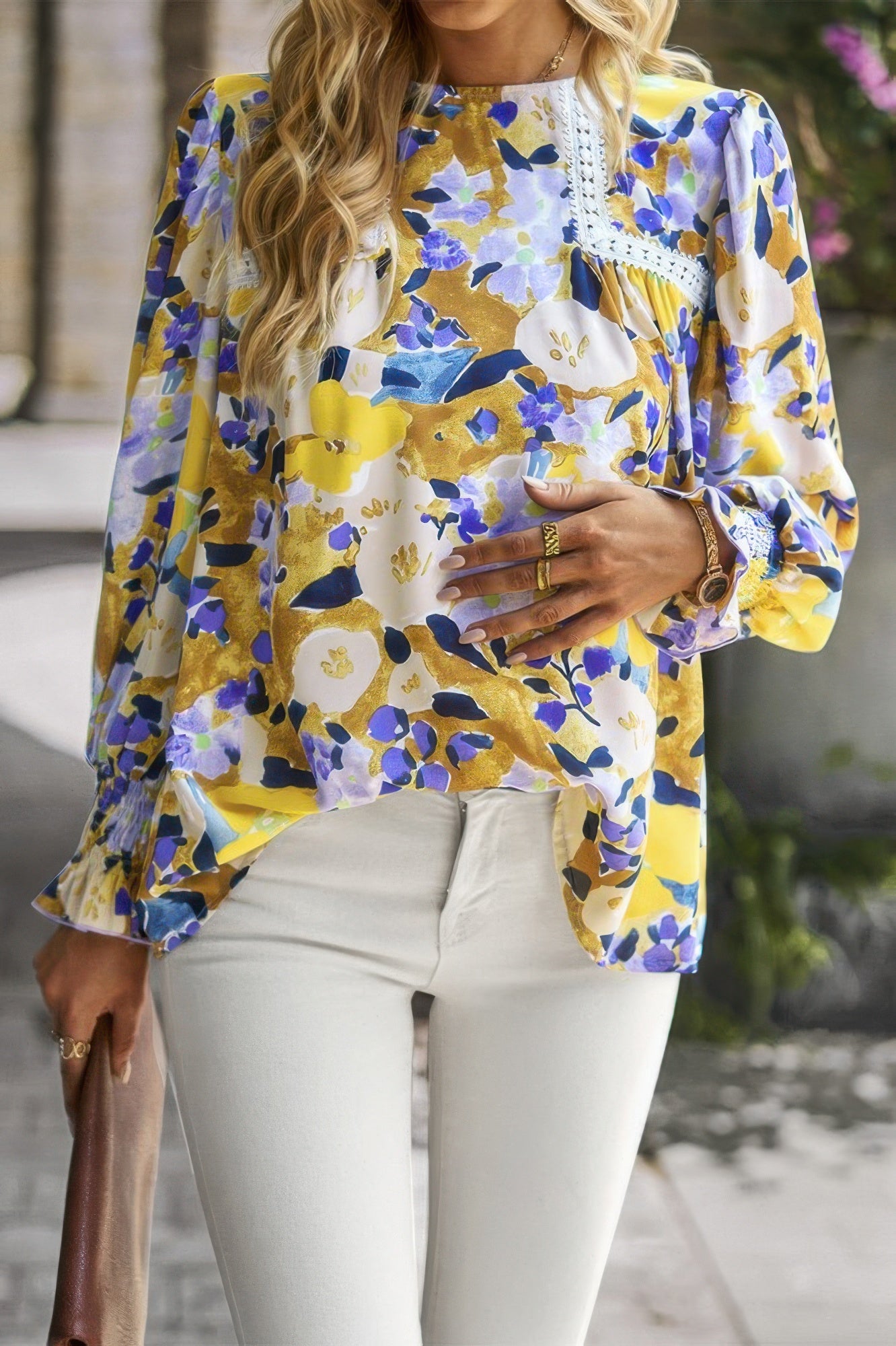 Floral Contrast Lace Trim Split Top - All Season Fashion