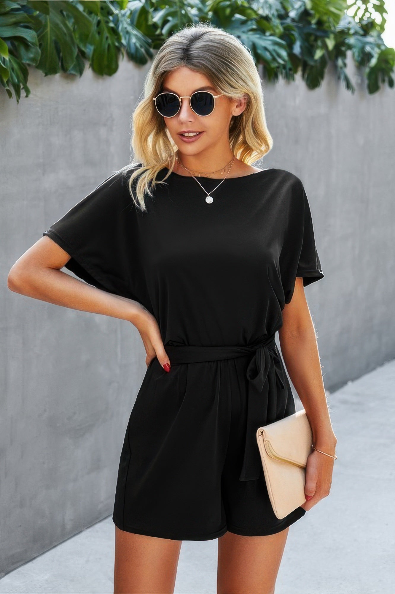 Boat Neck Short Sleeve Waist Tie Loose Romper - All Season Fashion