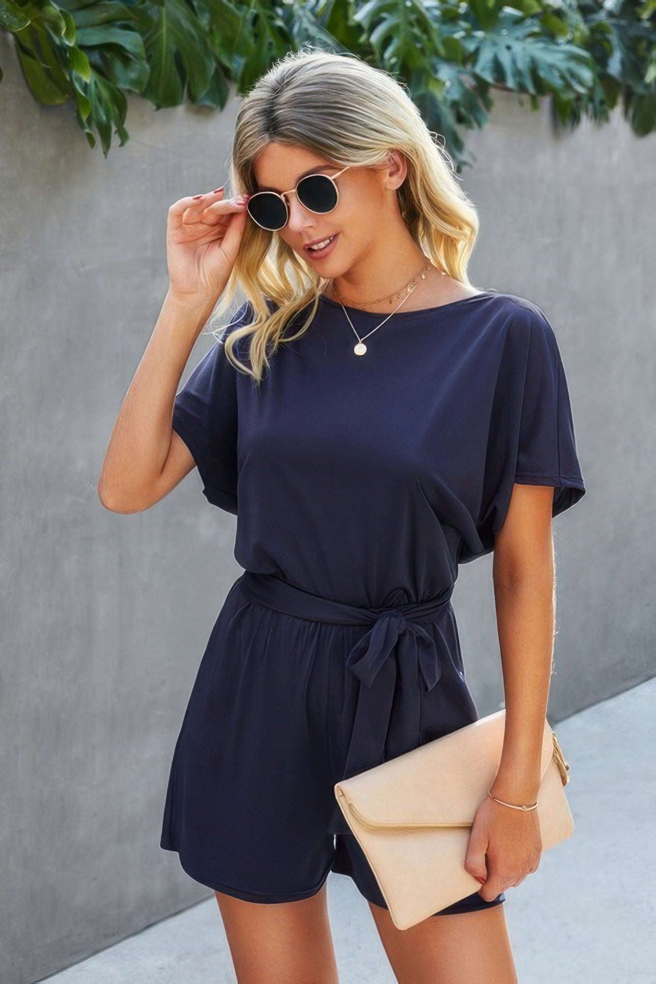 Boat Neck Short Sleeve Waist Tie Loose Romper - All Season Fashion
