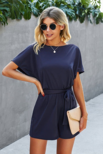 Boat Neck Short Sleeve Waist Tie Loose Romper - All Season Fashion