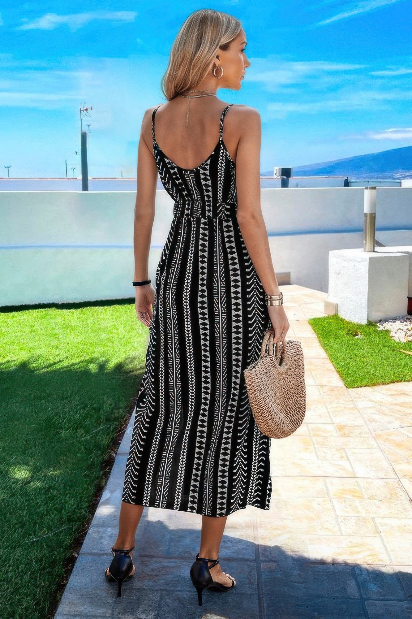 V Neck Geo Print Split Thigh Sleeveless Cami Dress - All Season Fashion