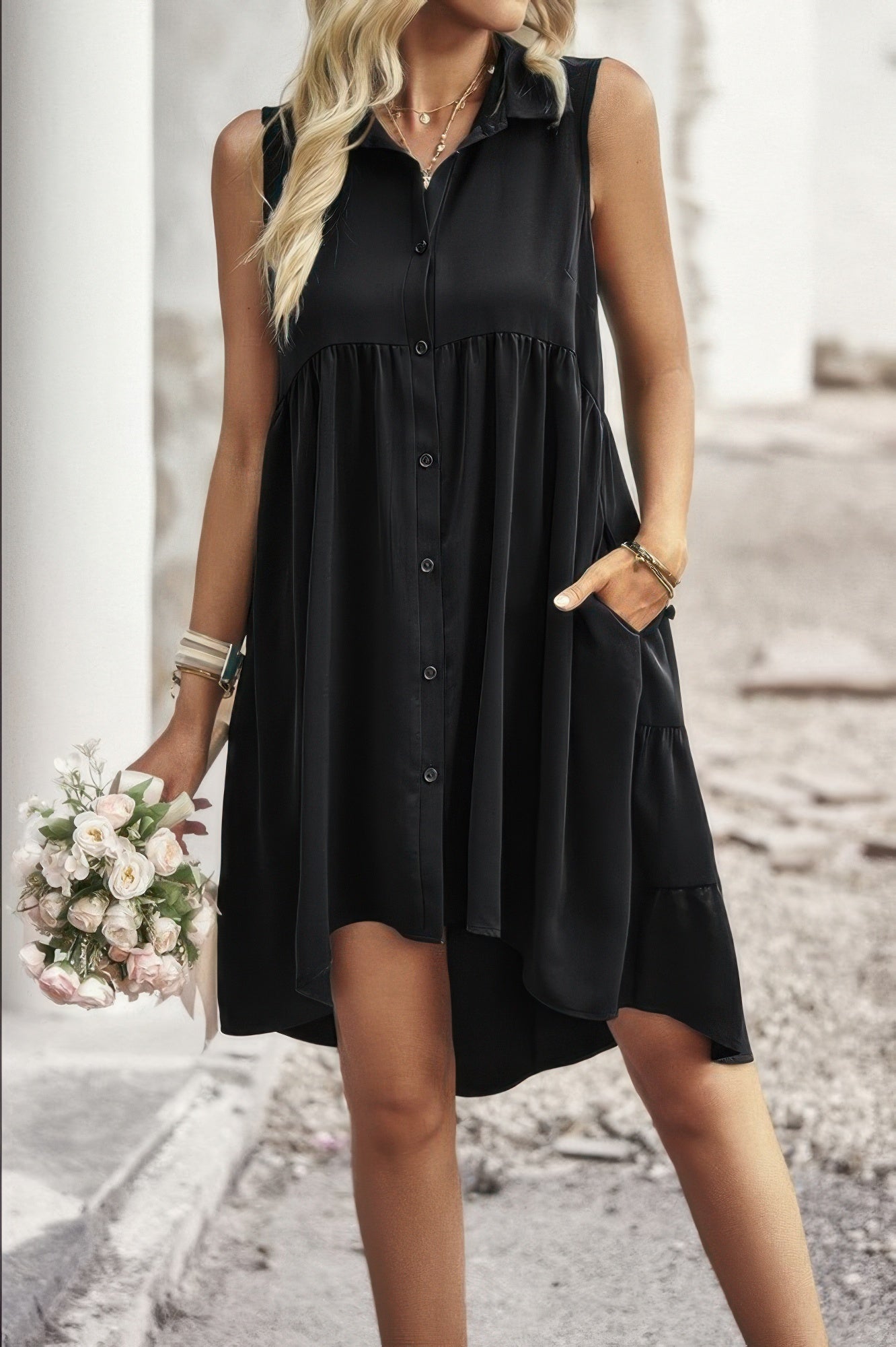 Sleeveless Solid Peplum Shirt Dress - All Season Fashion