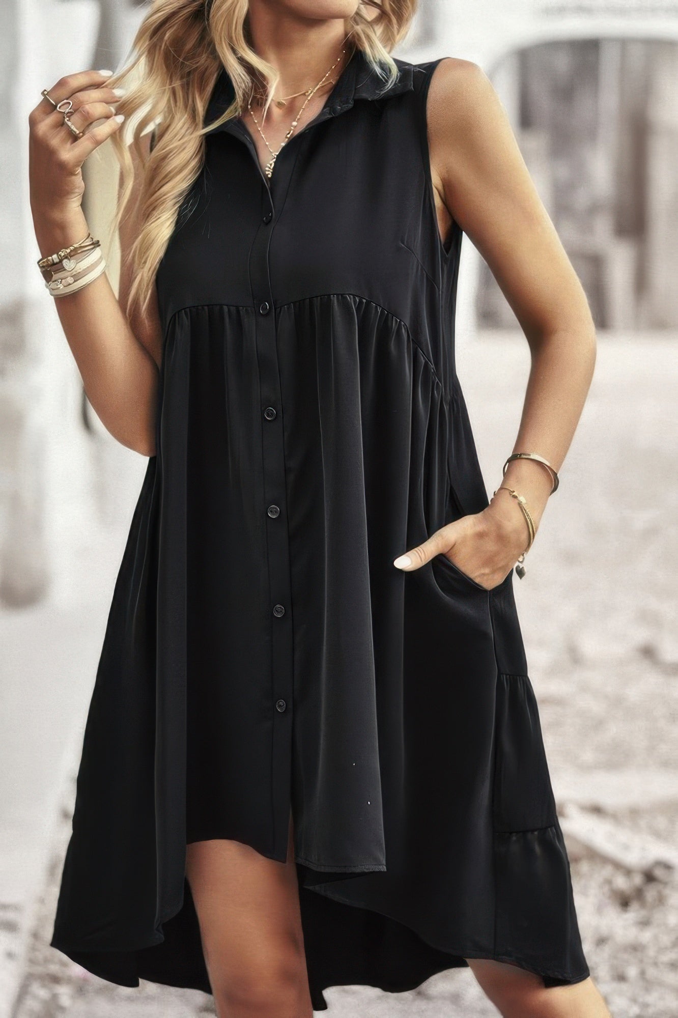 Sleeveless Solid Peplum Shirt Dress - All Season Fashion