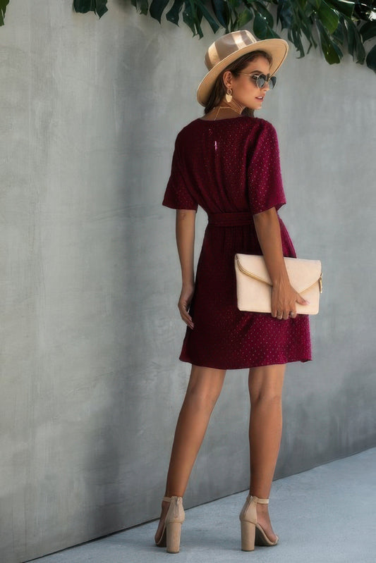 V Neck Ruffled Hem Wrap Dress - All Season Fashion