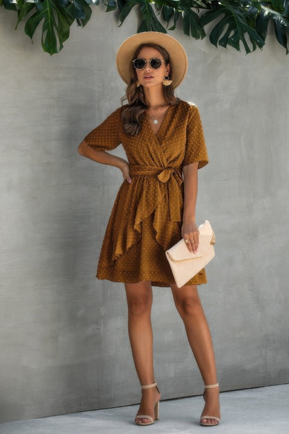 V Neck Ruffled Hem Wrap Dress - All Season Fashion