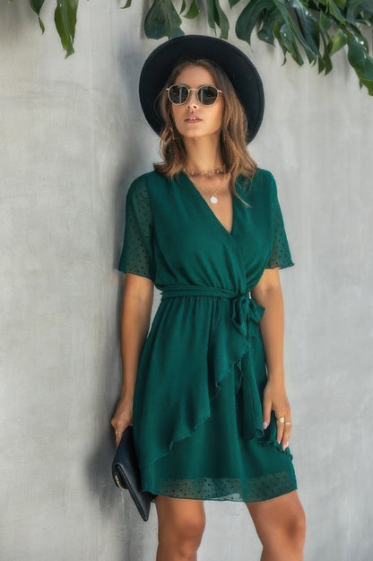 V Neck Ruffled Hem Wrap Dress - All Season Fashion