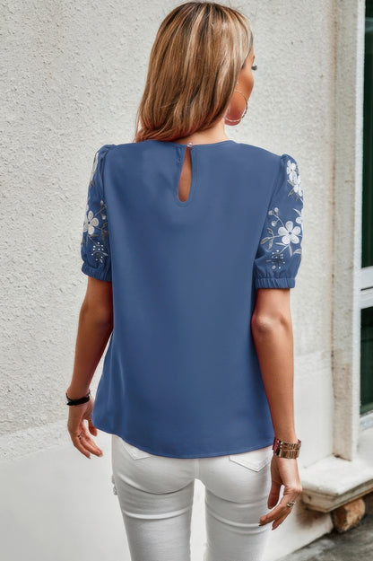 Floral Keyhole Neckline Loose Puff Sleeve Blouse - All Season Fashion