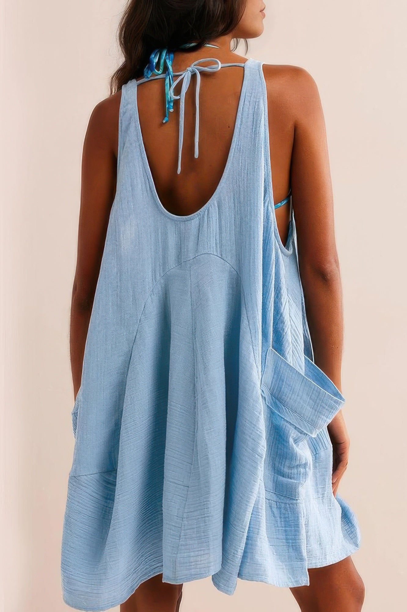 U Neck Backless Sleeveless Mini Pocket Dress - All Season Fashion