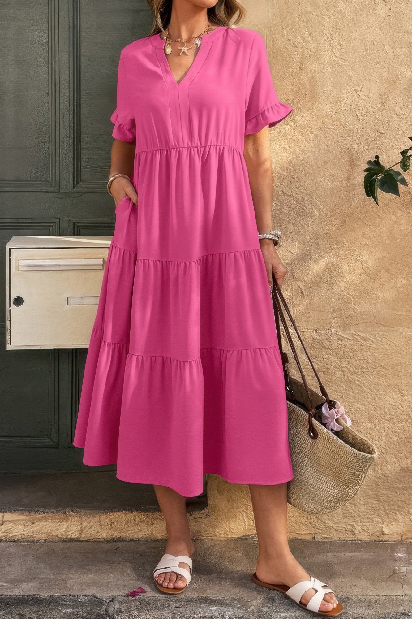 Solid V Neck A Line Ruffle Hem Pleated Dress - All Season Fashion