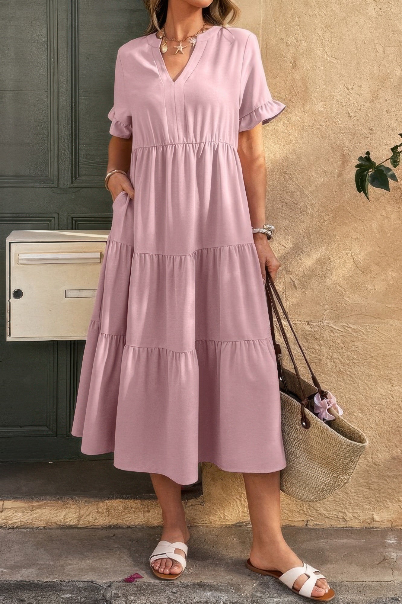 Solid V Neck A Line Ruffle Hem Pleated Dress - All Season Fashion