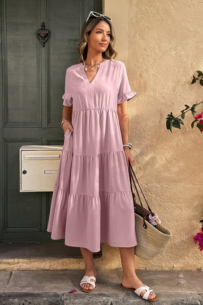 Solid V Neck A Line Ruffle Hem Pleated Dress - All Season Fashion