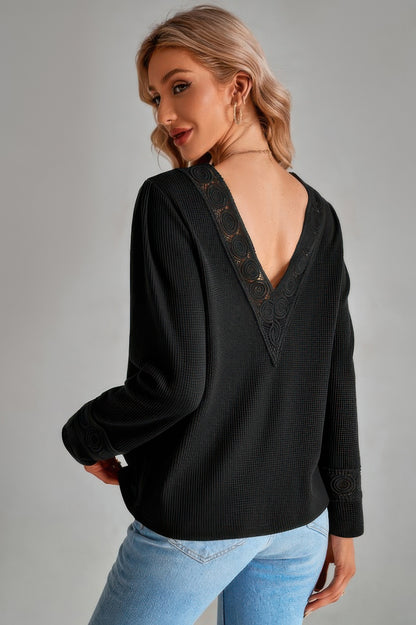 Knit Solid Double Wearing Lace V Neck Loose Top - All Season Fashion