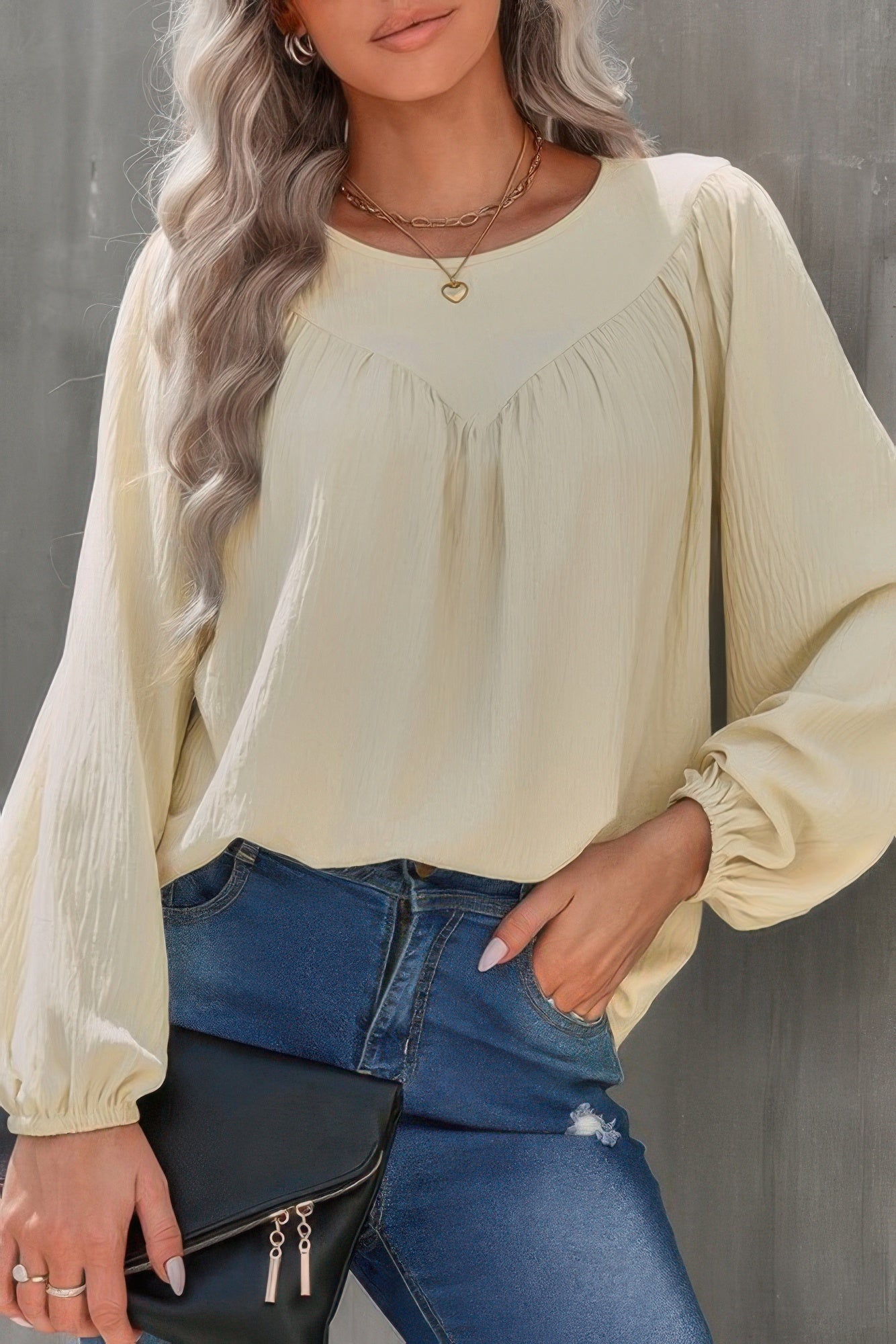 Crew Neck Solid Long Lantern Sleeve Shirt - All Season Fashion