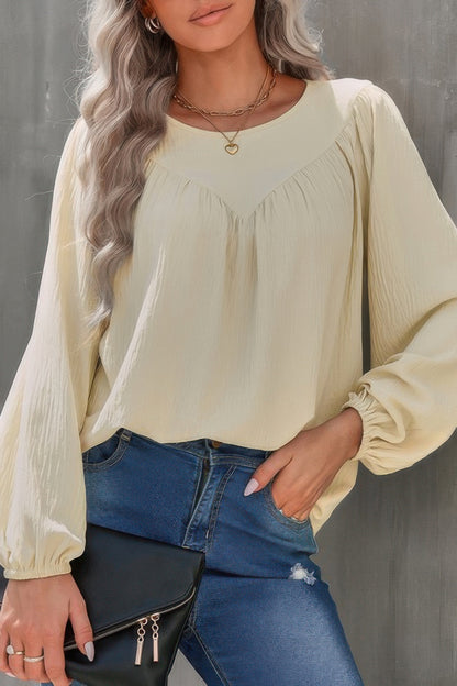 Crew Neck Solid Long Lantern Sleeve Shirt - All Season Fashion