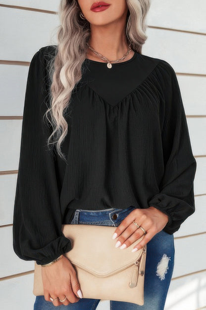 Crew Neck Solid Long Lantern Sleeve Shirt - All Season Fashion
