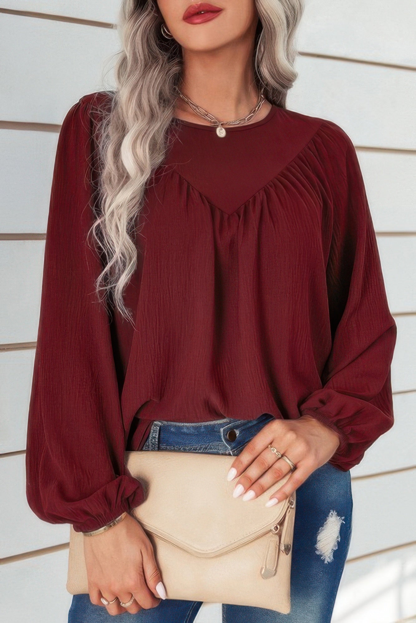 Crew Neck Solid Long Lantern Sleeve Shirt - All Season Fashion
