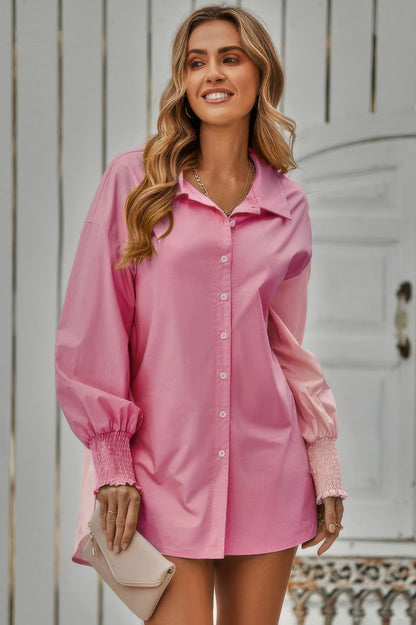 Color Block Button Down Cuffed Sleeves Blouse - All Season Fashion